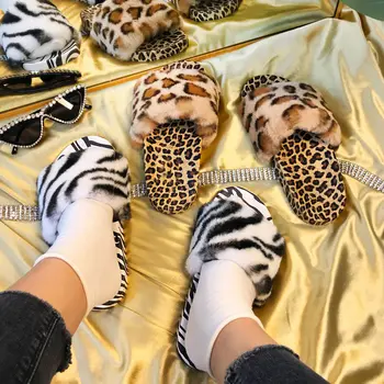 Dámske Papuče Umelú Kožušinu Módne Leopard Dámy Bytov Topánky na Jar Chlpaté Teplé Oblečenie Casual Obuv Típat Prst Domáce Papuče 2021