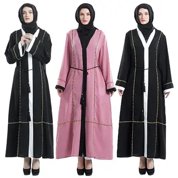 Žena Abaya Solid Farba Pearl Lištovanie Dizajn Cardigan Rúcha Viacvrstvových Svetlice Rukáv Kúpacie Plášte Žena Islam Arabčina Dubaj Nové