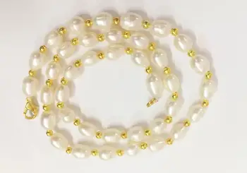 8 mm jasné biele oválne skutočnou perlou zlaté korálky mix náhrdelník zlatá spona prírodné sladkovodné perly Žena Šperky 43 cm 17