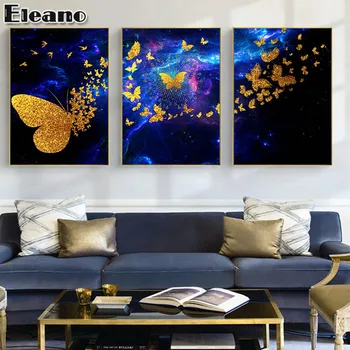 Maliarske Plátno Abstraktné Umenie, Blue Gold Motýľ Zvierat Plagát Na Stenu Umenia, Estetické Izba Dekor Vlastné Luxusné Moderné Umenie Tlač