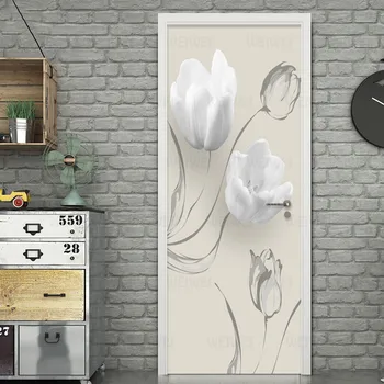 Moderné, Jednoduché Biele Kvety Dvere Nálepky, Obývacia Izba, Spálňa PVC Samolepiace Nepremokavé nástennú maľbu, Tapety Na Steny, 3 D Nálepky