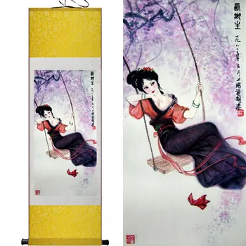 Hodváb Maľovanie, Čínsky Swing Krásy Prejdite Obrázok Fresco, Klasická Lady Maľovanie
