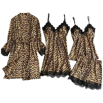 4pcs Leopard Tlač Pijamas Ženy Sady Saténové, Hodvábne Pyžamo Nightdress Bielizeň, Šaty Bielizeň Sleepwear Sexy Odev Ropa Mujer