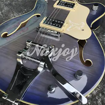 2020 Nové Praskla modrá Jazz guitar s F diery,Bigsby most,Plameň Javorového dreva G5 elektrická gitara