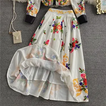 Európske a Americké retro dámy vyhovovali kvetinový klope dlho puzdre tričko top + retro vytlačené veľká swing sukne dvoch-dielny oblek