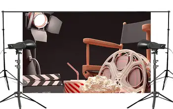 Čierne Pozadie Projektor Stoličky Popcorn Cola Retro Kine Scény Štúdio, Fotografovanie Pozadí 7x5ft