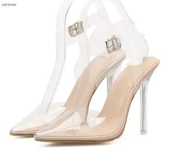 2020 ženy, PVC vysoké podpätky strany topánky letné bod Prst sandále jasné podpätky gladiator sandále svadobné topánky PVC čerpadlá
