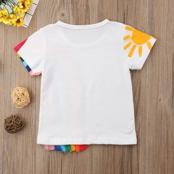 2020 Nový Štýl Dieťa Deti, Baby, Dievčatá, T Košele Bežné Rainbow Tlače Krátky Rukáv Strapec Patchwork Bavlna T-shirt Topy