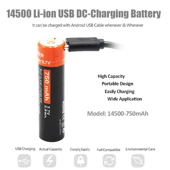 Doublepow 3,7 V 14500 750mAh Li-ion Nabíjateľnú Batériu, Skutočná Kapacita s USB DC-Nabíjanie Inteligentných Bunka pre Svetlomet