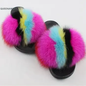 Veľkoobchod s Načechraný Papuče Reálne FOX pre Ženy Sandále Móde Roztomilé Chlpaté Dom Topánky Luxusné 2020
