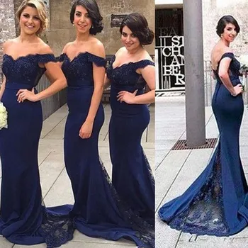 Modrá Lacné Bridesmaid, Šaty Pod 50 Morská Víla Ramena Appliques Dlhé Svadobné Party Šaty Pre Ženy