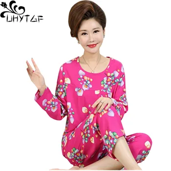 UHYTGF pyžamá pre ženy móda tlačené bavlny, hodvábu v lete 2 dielna sada oblečenie pre voľný čas dlhým rukávom tenký pyžamo žena plus veľkosť 1395