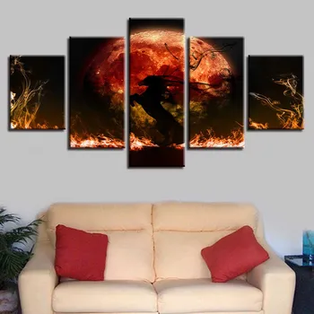 Vytlačené Plátno Obrázky Obývacia Izba Dekor 5 Kusov Červený Oheň Mesiac Smog Kôň Maľovanie Abstraktné Plagát Modulárny Wall Art Rámec