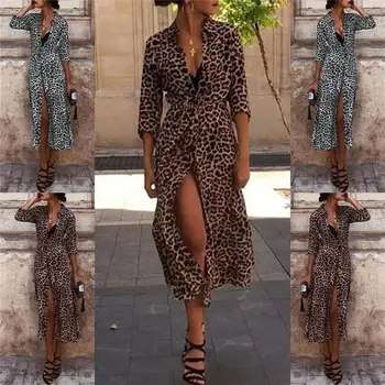 Moderné Ženy šaty s Dlhým Rukávom Obväz Bežné Leopard Tlač tvaru Štrbinou Polyester Šaty jeden kusov