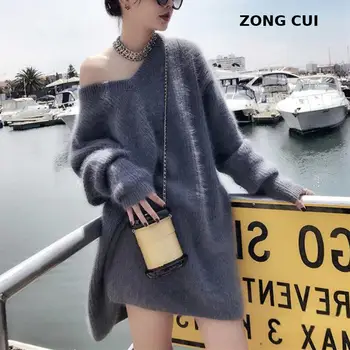 Ženské nadrozmerné Mohair stredne dlhý sveter kórejský módne voľné street style elegantný Pulóver 2020 dámske pletené sveter