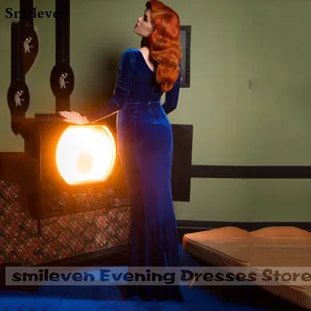 Smileven Blue Velvet Canftan Morská Víla Večerné Šaty Lacné Cut-Out Sweep Vlak Prom Šaty Jednoduché Ženy Party Šaty