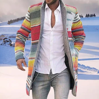 Muži Coats Windbreaker Jeseň Zima Rainbow Pruhy Otvoriť Predné Dlhý Rukáv Výkopu Bunda, Kabát Single-Breasted Mužský Kabát