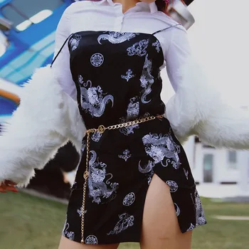 Letné Gotické Šaty Žien Tmy Dragon Tlač Streetwear Módy Krátke Šaty, Sexy Split Bežné Backless Vestidos Goth Girl
