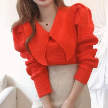 YAMDI pevné červený sveter žena prehrabať elegantné ruwnay sveter jumper široký klope na jeseň zima lístkového rukáv pulóver hrubé pletené top