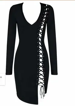 2018 autumnwomen šaty veľkoobchod black V krku čipky dlhý rukáv obväz party šaty šaty Šaty + oblek