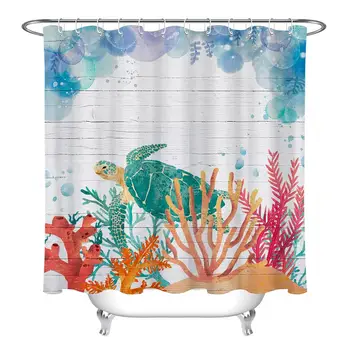 Coral Sea Turtle Tlač Nepremokavé Sprchový Záves Textílie Rustikálne Drevené Dosky Vaňa Opony Kúpeľňa Záclony Vaňou Príslušenstvo