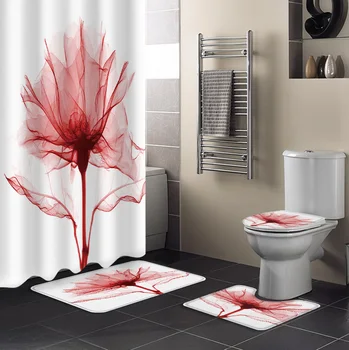 Červený Kvet Transparentné Abstraktné Sprchové Závesy Nastaviť Kúpeľňa Nepremokavé Sprchový Záves Kúpeľňa Set so Sprchovacím kútom Záclony a Koberce