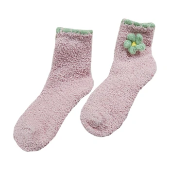 Ženy Zimné Coral Velvet Fuzzy Črievičku Ponožky Posádky Sladké 3D Kvetinový Dekor Candy Farby, Hrubé Teplé Načechraný Spanie pančuchový tovar