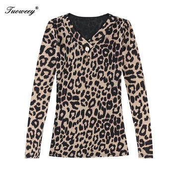 Ženy Leopard Kvetinový Tlač tvaru Topy 2020 Jeseň Dlhý Rukáv Slim Basic Tričko Lady Party Fashion kórejský Topy Ženské Nové