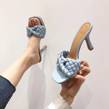 2021Summer DOPLNKY, Luxusné Značky Ženy Väzbe Papuče Tenké Vysoké Podpätky Sandále Fashion Square Prsty Stiletto Listov Veľké Veľkosti Topánky