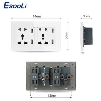 Esooli Tvrdené Sklo Panel Sieťovej Zásuvky Dual Univerzálne 5 Diera Zásuvky S 4 USB Smart Indukčné Nabíjací Port pre Mobile