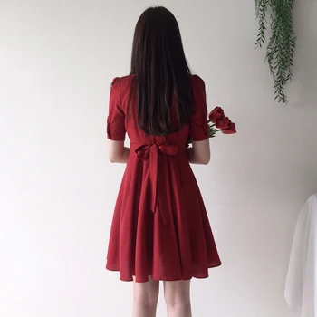 Letné Vintage Hepburn Štýl Červené Šaty na Leto tvaru Temperament Pás-Riadený Chudnutie francúzsky Štýl Kikyou Sukne pre Dievčatá