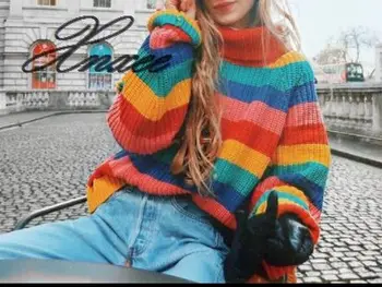 Xnxee 2020 Európska a Americká nové dámske farebné pruhované pletený pulóver