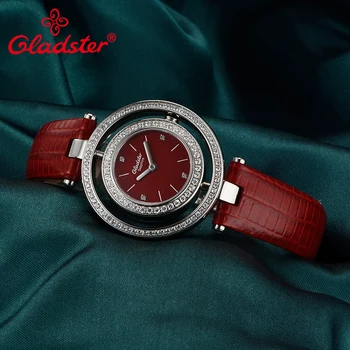 Gladster Luxusné Japonský MIYOTA GL20 Ženy Quartz Hodinky Red Diamond Kožené Žena Hodiny Sapphire Crystal Lady Šaty Hodinky