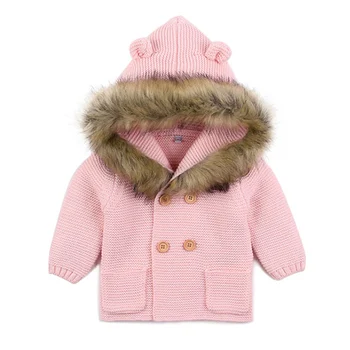 Dieťa Chlapec Dievča Unisex Jeseň v Zime Teplé Rebro Pletený Kabát s Kapucňou 0-24M Novorodenca Batoľa Bežné Pevné Sveter Bunda Outwear