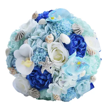 Luxusné Svadobné Kytice Modré Kvety Kamienkami so Stuhou Umelé Kytice Nevesty Lehátko Longue Ruže Svadobné Kvety
