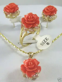 Veľkoobchod dobrý Nové Šperky tibete Rose coral flower Prívesok Náušnice Prsteň 18-palcové Skutočné Šťastie Lady šperky Jemné Wom