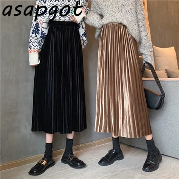 Nový Kórejský Elegantné Jeseň Slim Patchwork Temperament Black Velvet Skladaný Sukne Ženy Elastický Pás Vintage 4 Farebné Zimné Faldas