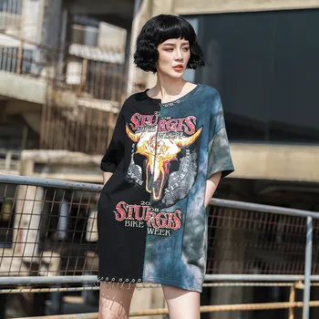 Hiphop dámske tričko Krátky Rukáv T-shirt Lebka Hlavy Kovový Krúžok T Shirt Ženy kórejské Oblečenie Punk Veľká Veľkosť Farba Hit LT036S50