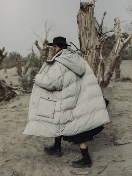 Jeseň Zima Ženy Kabát Módne Kórejský Bežné Nadrozmerná Bublina Bunda Pridať Hrubé Teplé Dole Bavlna S Kapucňou Sivá Dlho Vatovaný Kabát