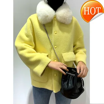 Kožušinový Kabát Skutočné Ženské Fox Kožušiny Golier Vlna Bunda na Jeseň Zimný Kabát Ženy Oblečenie 2020 kórejský Vintage Ovce Shearling Topy ZT4295