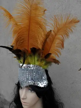 Showgirl Zlato Otvorené Tvár Pštrosie perie Headdress So striebornými Flitrami Paródia tanec halloween dodanie