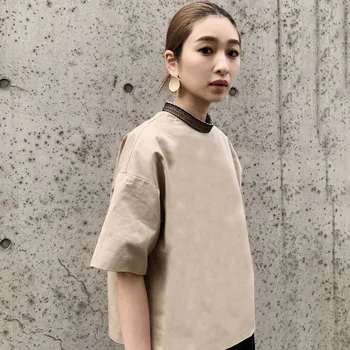 Kórejský Japonsko Bežné T-Shirt Ženy Voľné Topy 2020 Letné Krátke Sleeve Stand Golier Žena Tee Tričko Office Lady Jeseň Mladých