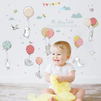 Roztomilý Kreslený Králik Farebné Balóny Samolepky na Stenu Dieťa, Chlapec, Dievča Spálňa Decor Nálepky Izba Nábytok, Tapety Stikers XN185