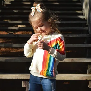 Deti Nosiť Strapec Rainbow Slnko Vzor Dlhý Rukáv T-Shirt Deti Oblečenie Dievčatá 3 Až 5 Tričko s Dlhým Rukávom