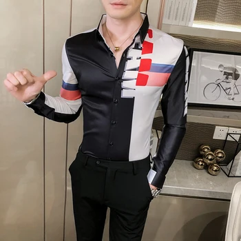 Fancy Nepravidelný Farba Pozdĺžne Tričko Mužov Futuristické Vytlačené 2020 Jeseň Tričko Mužov Bežné Nočný Klub Kórejské Oblečenie Slim Fit Košeľa