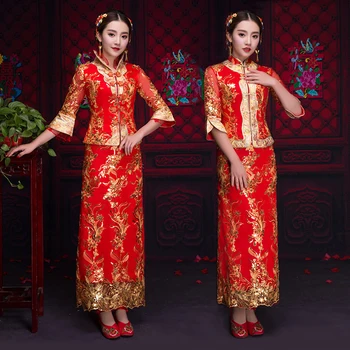 Orientálna Ázijské Nevesta krásy Čínske tradičné Svadobné Šaty Žien Červené Kvetované Dlhý Rukáv Výšivky Cheongsam Župan Qipao štýl