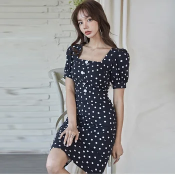 2020 Letné Nový Kórejský Šaty Ženy Sexy Námestie Farba Krátky Rukáv Slim Polka Dot Dress Žena Office Lady Elegantné Party Vestido