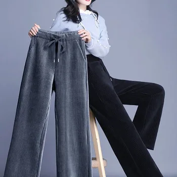 Jeseň zima nové menčester široký legíny ženy bežné vysoký pás rovné nohavice voľné neforemné tenké semiš nohavice dole