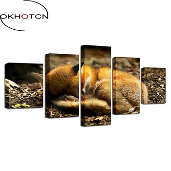 OKHOTCN Zarámované Modulárny Plátno na Maľovanie Domova 5 Kusov Spanie Fox Obrázky Lesných Zvierat Plagát Na Steny v Obývacej Izbe Umenie