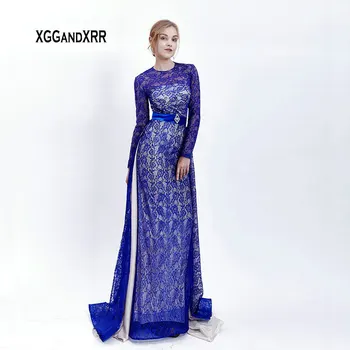 Modré Dlhé Rukávy Morská Víla Prom Šaty 2020 O Krk Ilúzia Dizajnu Dlhé Večerné Šaty Elegantná Žena, Plus Veľkosť